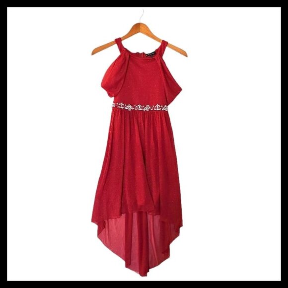 My Michelle Girls Red Holiday Hi‎ Low Embellished Sparkle Dress 12 - Picture 4 of 16